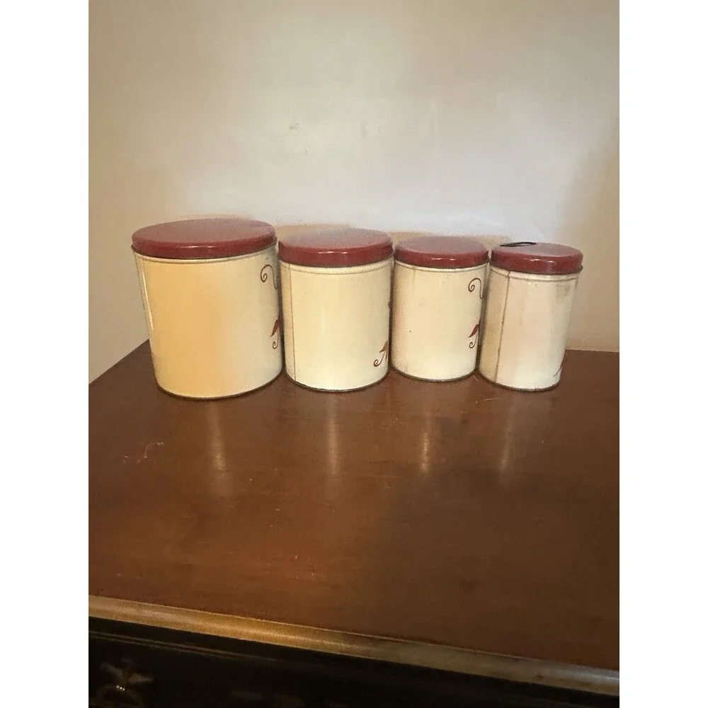 Vtg  4 Piece Tin Canister Set Fruit Design Kitchen Farmhouse Décor